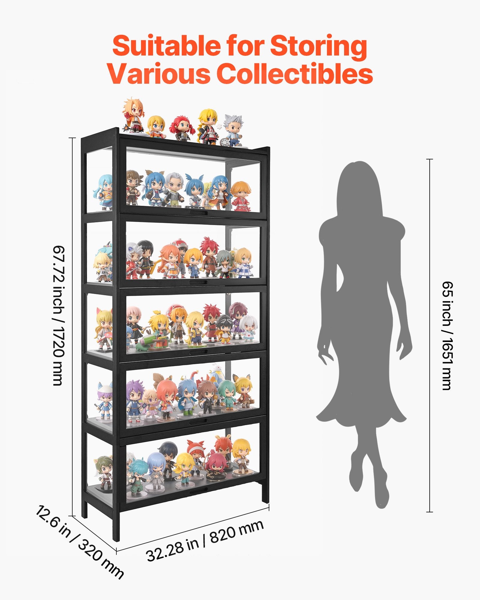 Display Cabinet With Acrylic Doors, 68 In Tall 5-Tier Curio Cabinet, Natural Wooden Fame, Collectibles Toy Organizers Rack & Display Case, Bookshelf For Home, Office, Playroom, Living Room